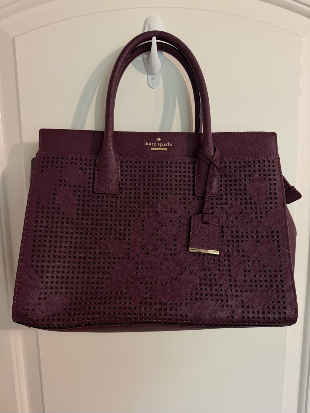 kate spade plum perforated floral leather satchel